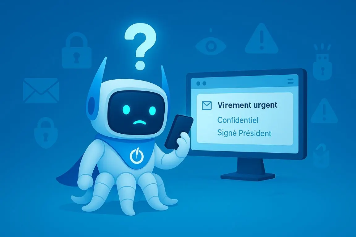 Octobot POWERiti perplexe face à un écran affichant un e-mail « Virement urgent, confidentiel, signé Président »
