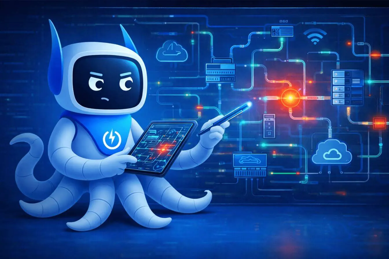 Octobot POWERiti analyse sur une tablette la cartographie d’un réseau d’entreprise : bornes Wi-Fi, switches, serveurs et cloud, avec un point de défaillance signalé en rouge