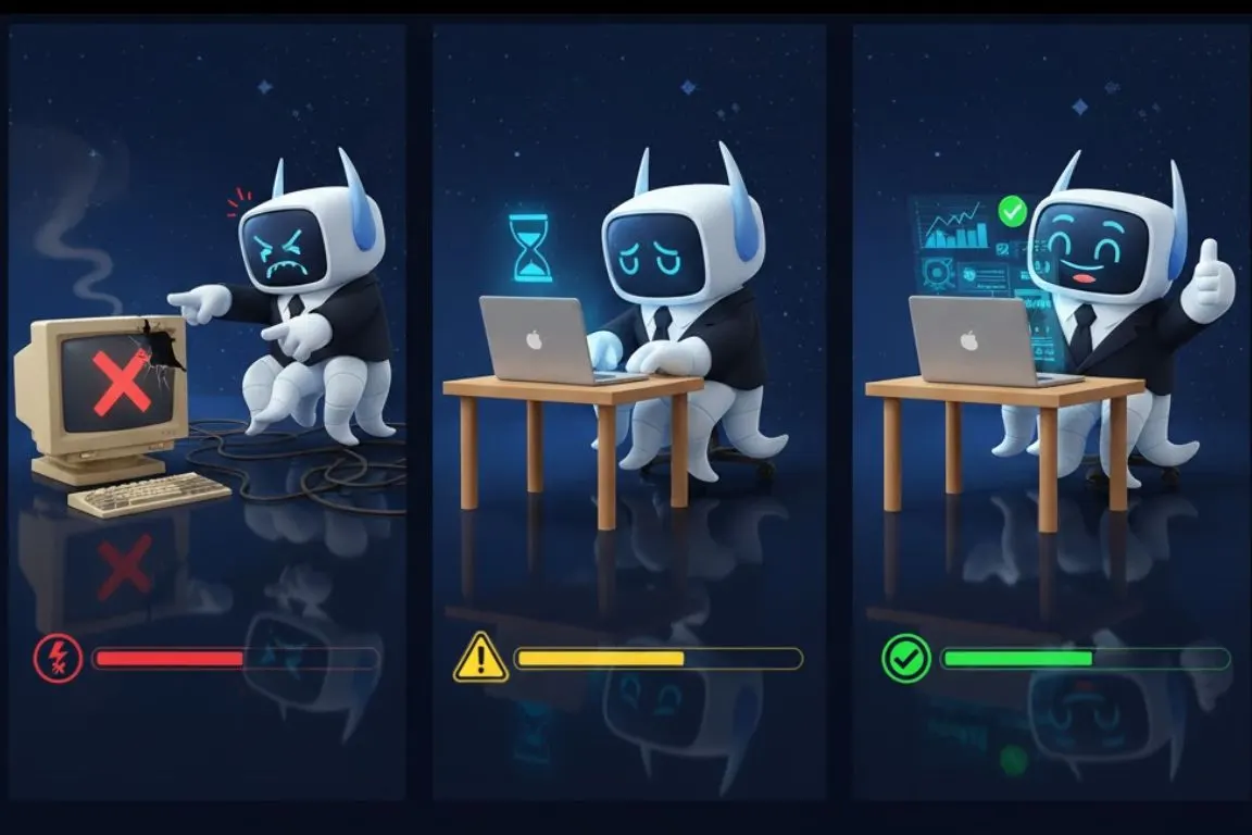 Trois états d’un poste de travail illustrés par l’Octobot POWERiti : machine hors d’âge en panne, portable lent avec sablier, poste récent performant