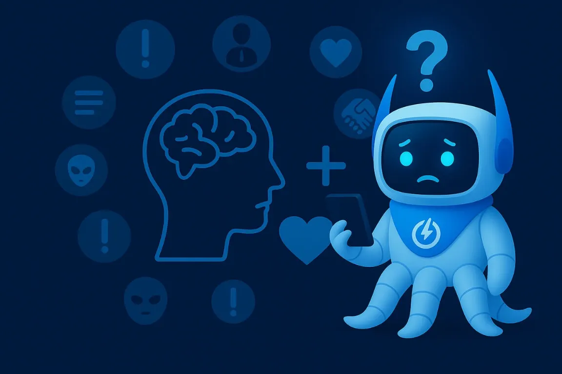 Octobot POWERiti perplexe face à un profil humain et à des pictogrammes d’émotions : urgence, autorité, sympathie