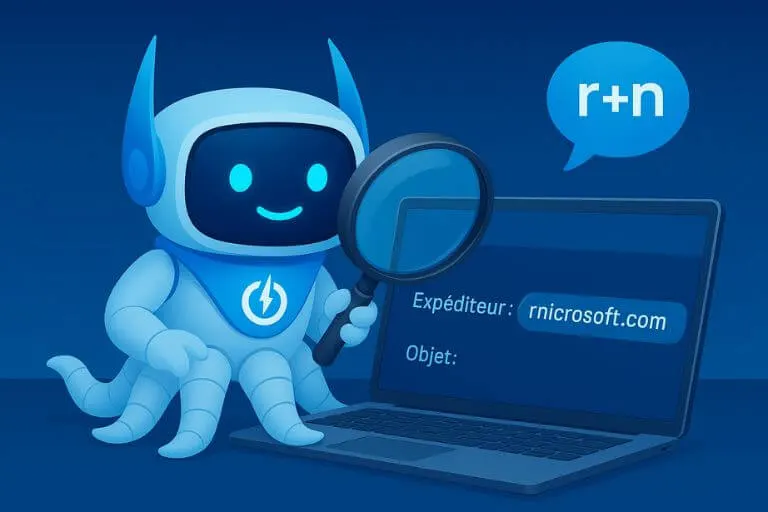Octobot POWERiti inspecte à la loupe l’adresse d’expéditeur d’un mail : rnicrosoft.com, où le « r » et le « n » imitent un « m »