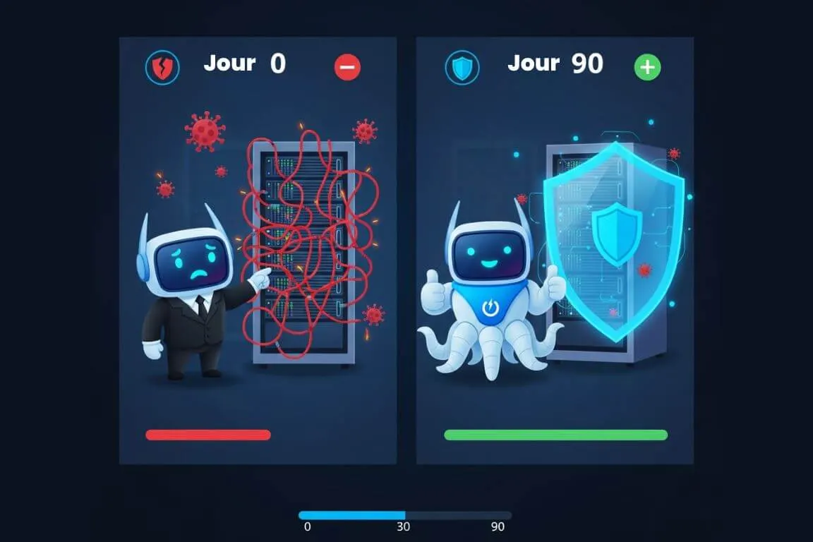 Comparaison jour 0 / jour 90 : à gauche un Octobot POWERiti face à une baie serveur en désordre et infectée, à droite le même parc protégé par un bouclier