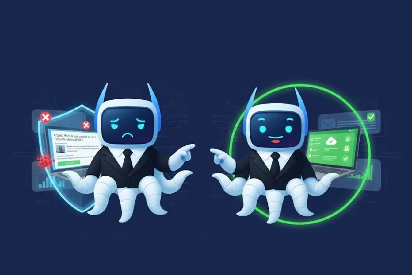 Deux Octobot POWERiti côte à côte : à gauche un poste exposé à un mail frauduleux, à droite un poste sécurisé affichant des contrôles validés