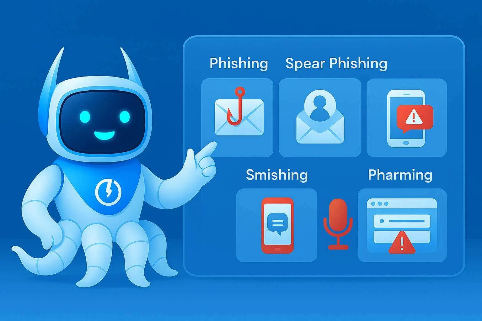 Octobot POWERiti présente les cinq familles d’hameçonnage : phishing par email, spear phishing, smishing, vishing et pharming