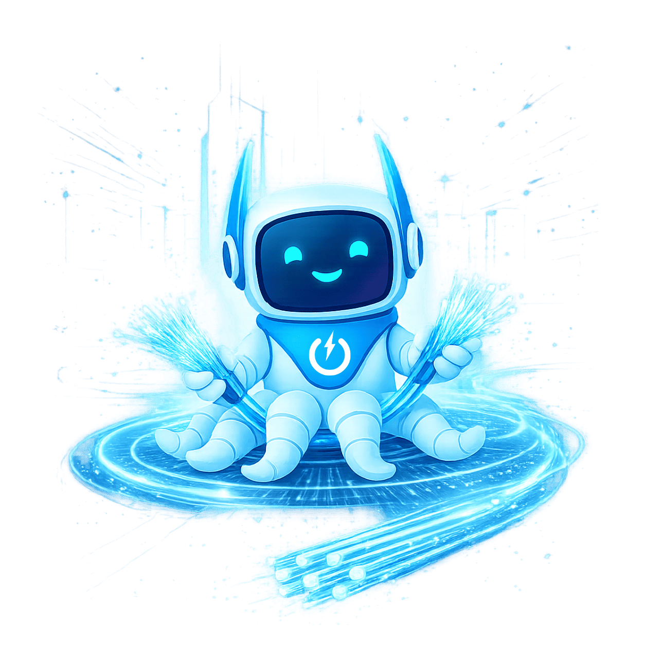 Octobot fibre tenant des brins de fibre optique lumineux