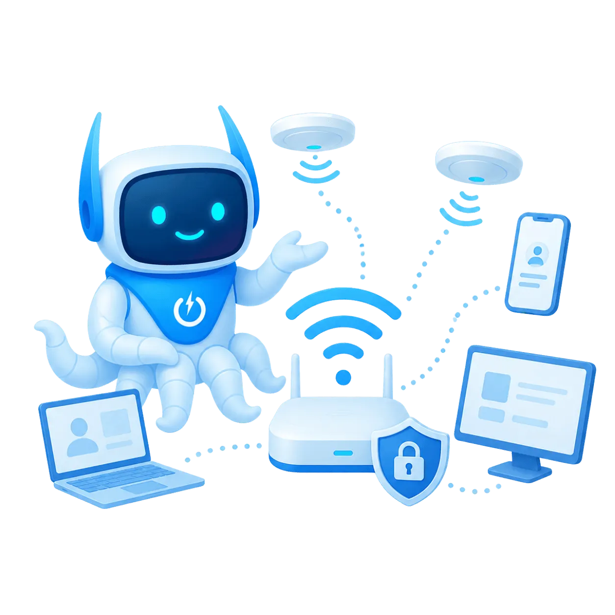 Octobot reliant bornes WiFi, postes, mobiles et pare-feu dans une PME