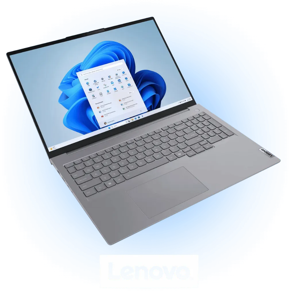 PC portable 16″ ouvert, trois-quarts droit